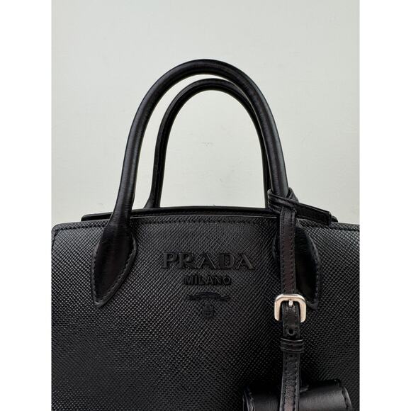 PRADA Milano Monochrome Black Small Handbag Leather Top Handle Crossbody Bag - Picture 2 of 11